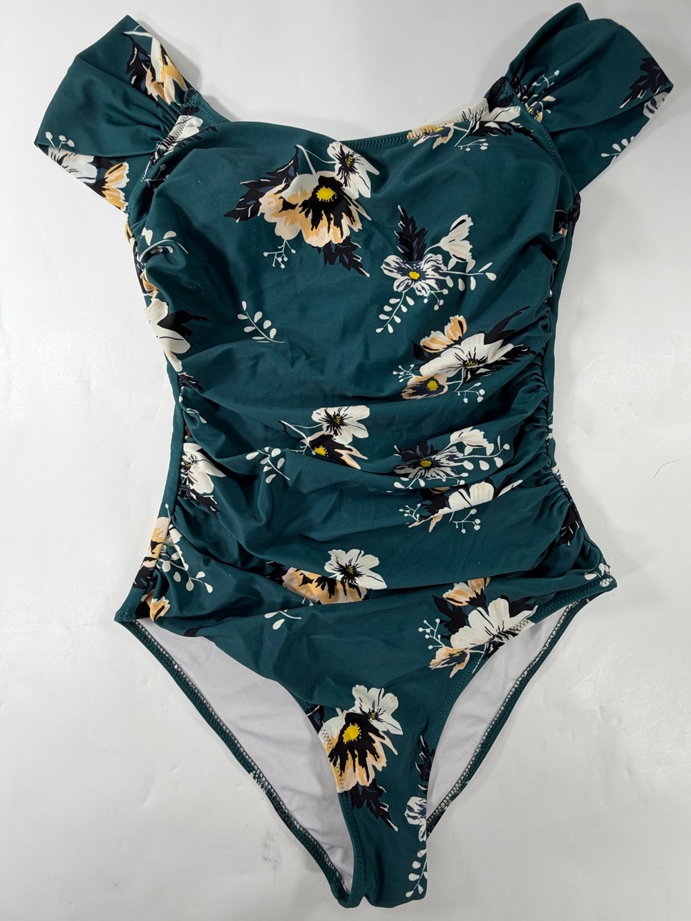 Cupshe Teal Floral Off Shoulder Ruched Tummy Control One Piece Swimsuit Womens S